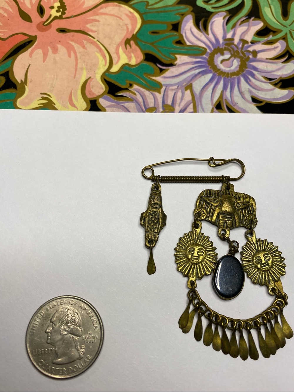 Vintage Bronze Sunface Drop Charm Brooch Pin with Black Stone